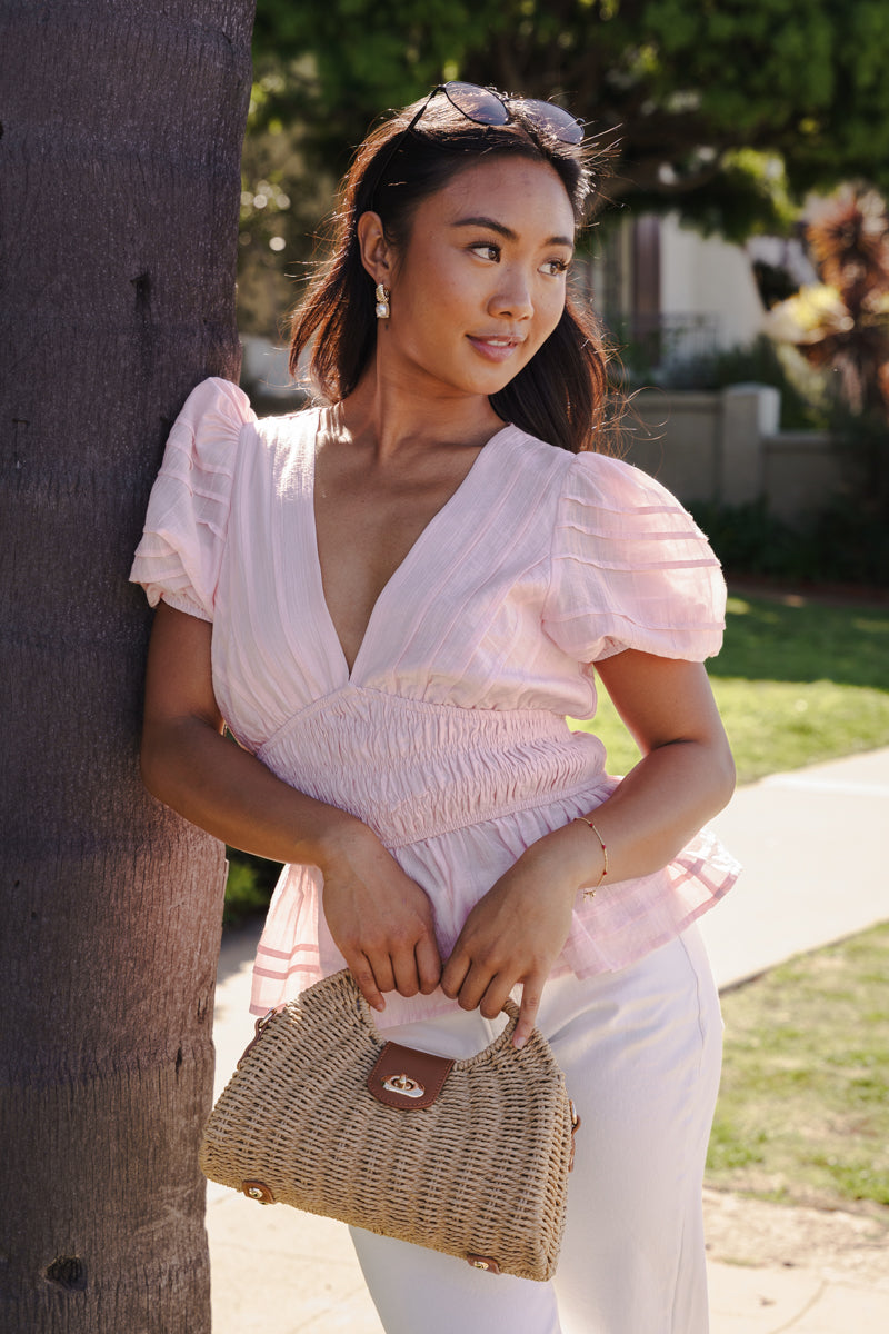 Short Puff Sleeve Smocked Top Pink