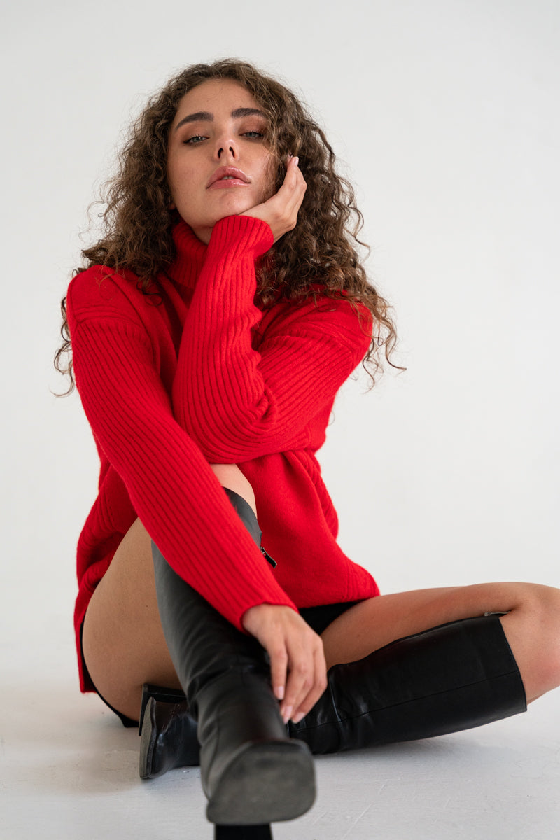 Long Sleeve Turtleneck Knit Sweater Red