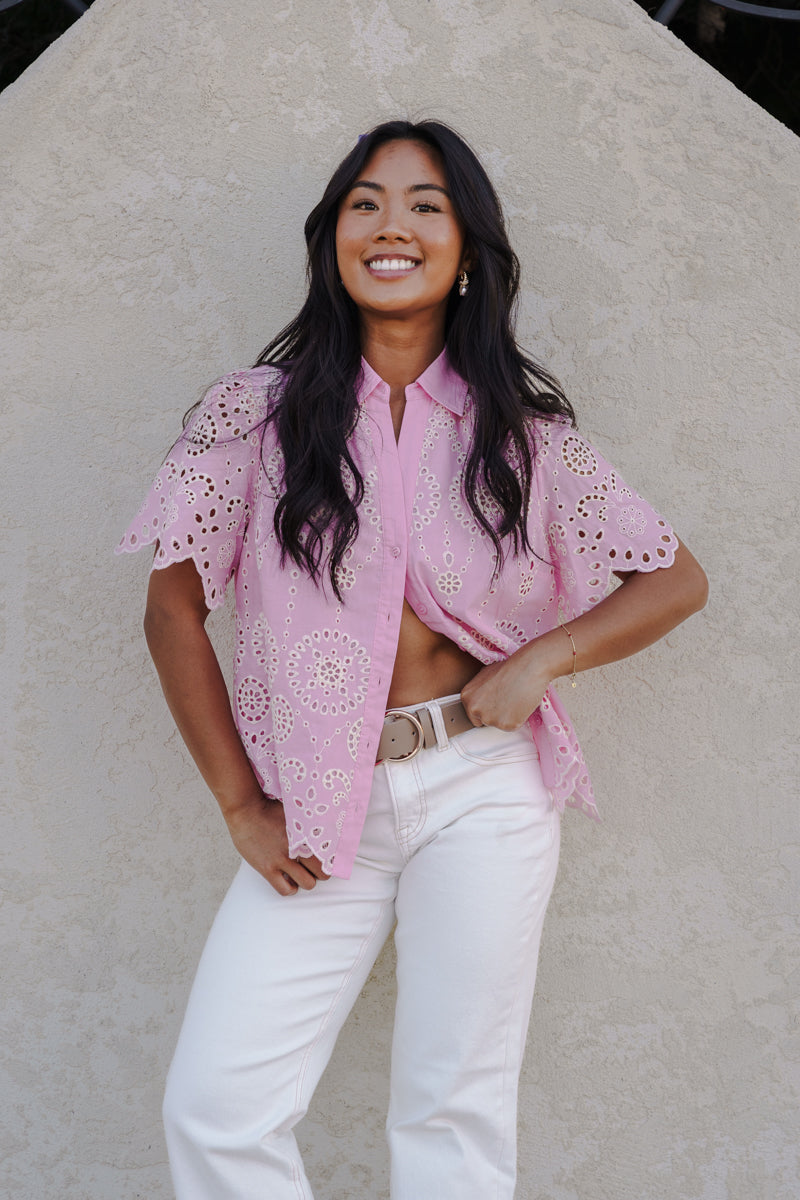 Short Sleeve Button Down Embroidered Eyelet Top Pink