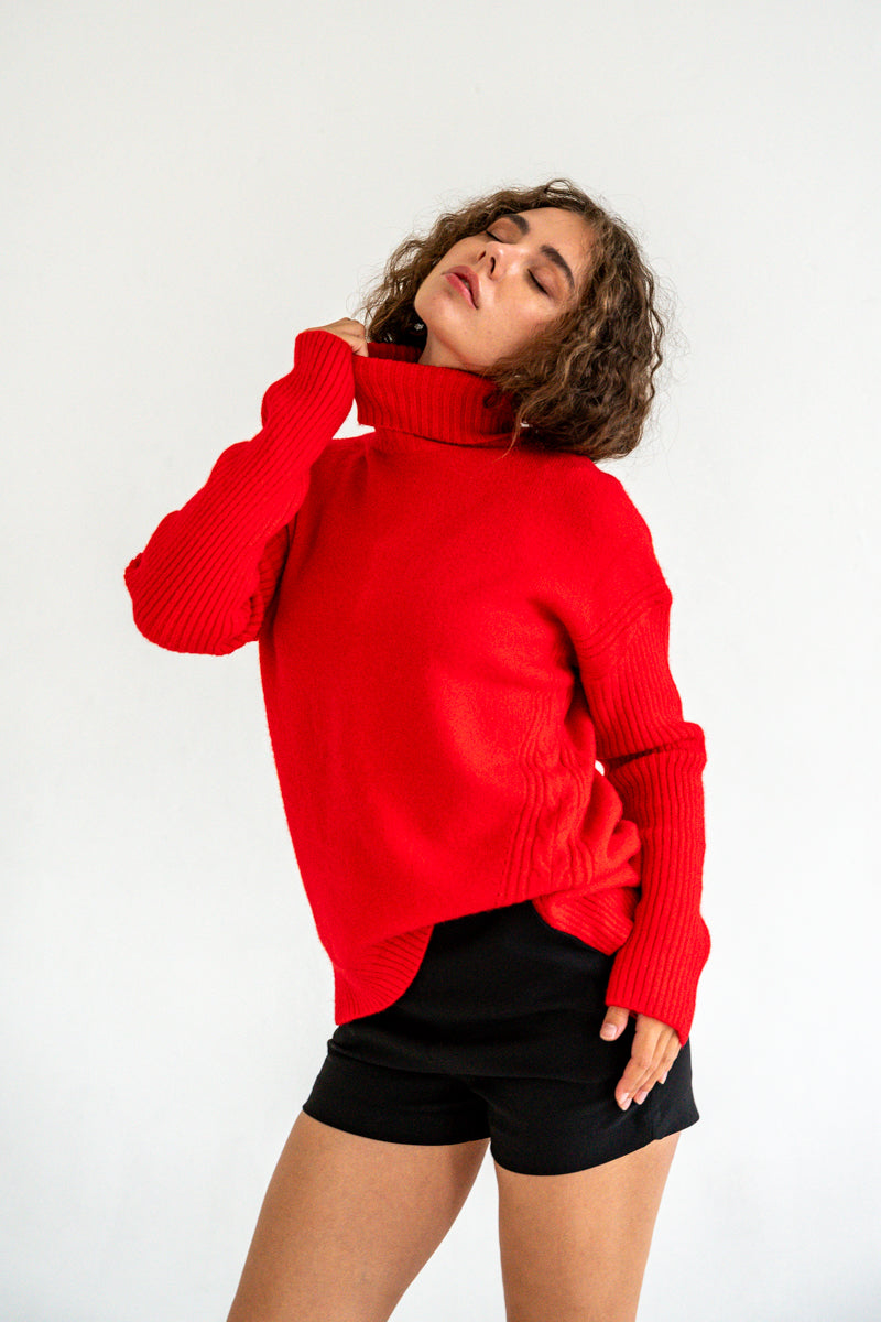 Long Sleeve Turtleneck Knit Sweater Red