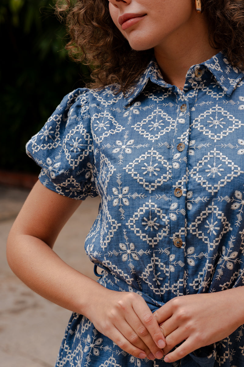 Short Sleeve Button Down Embroidered Denim Mini Dress Light Wash