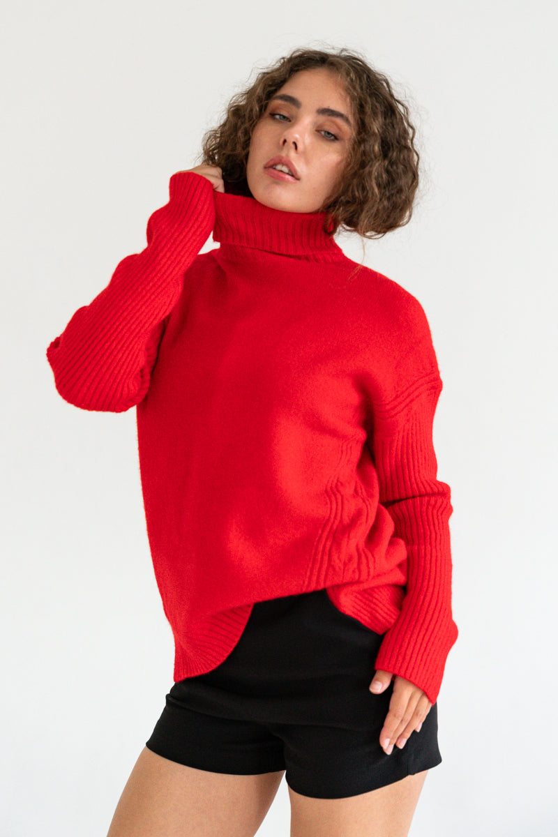 Long Sleeve Turtleneck Knit Sweater Red