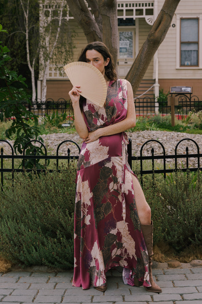 Sleeveless Waist Tie Floral Print Maxi Dress Burgundy