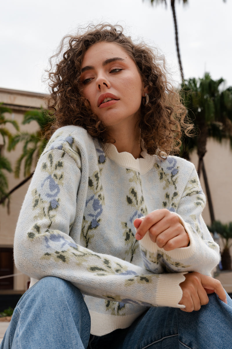Long Sleeve Floral Embroidered Sweater Top Blue
