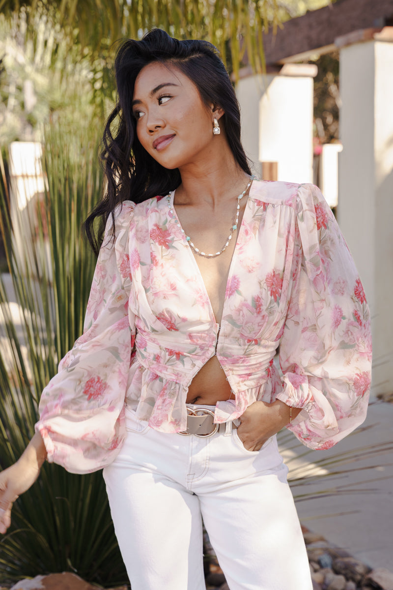 Long Sleeve Button Down Floral Print Peplum Top Peach