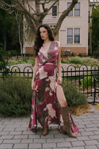 Sleeveless Waist Tie Floral Print Maxi Dress Burgundy