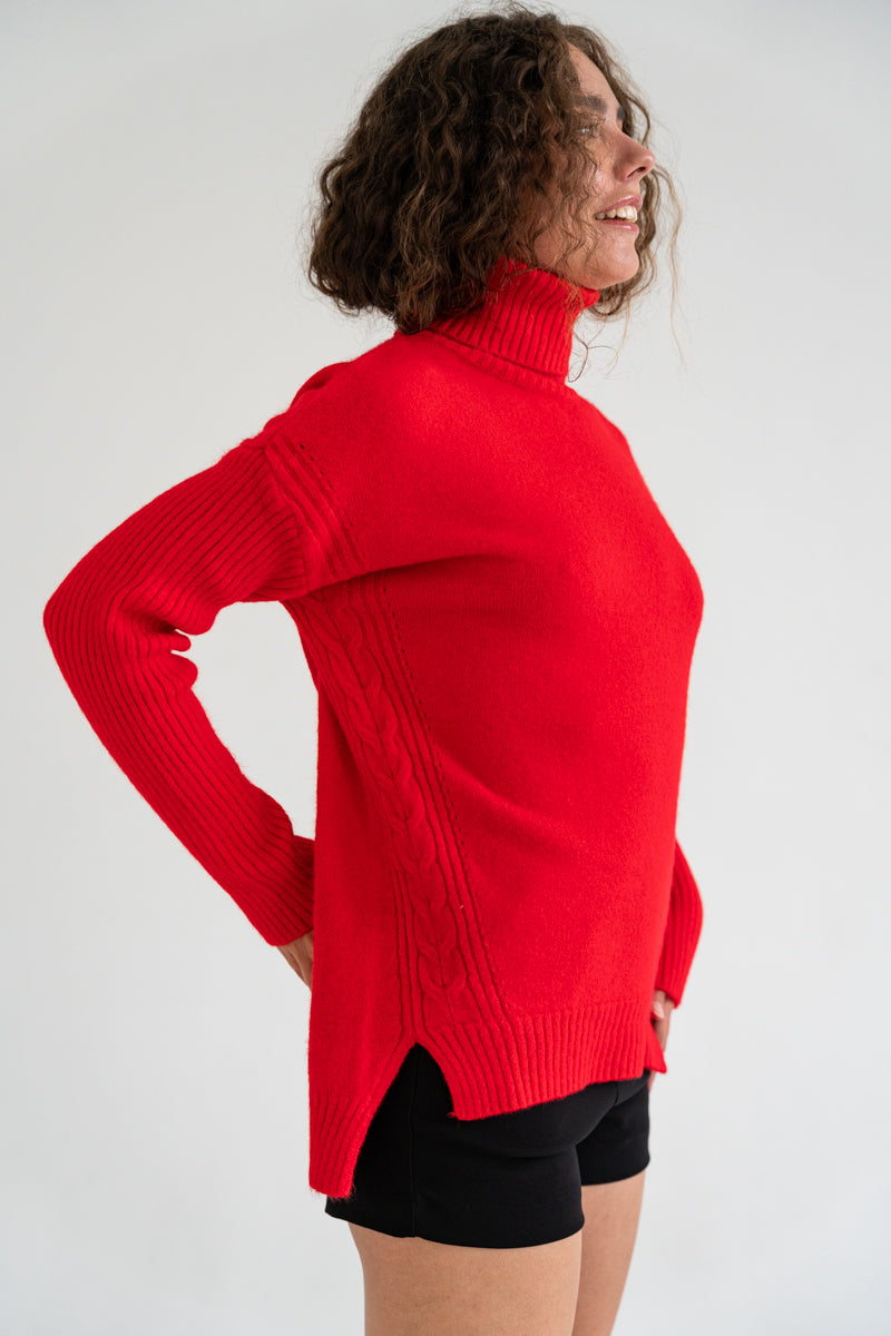 Long Sleeve Turtleneck Knit Sweater Red