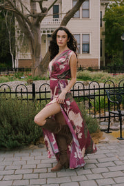 Sleeveless Waist Tie Floral Print Maxi Dress Burgundy