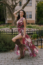 Sleeveless Waist Tie Floral Print Maxi Dress Burgundy