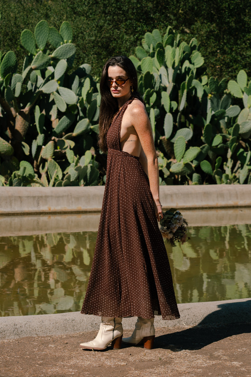 Arden Sleeveless Halter Vintage Micro Polka Dot Print Maxi Dress Brown – Miss Match Group Inc