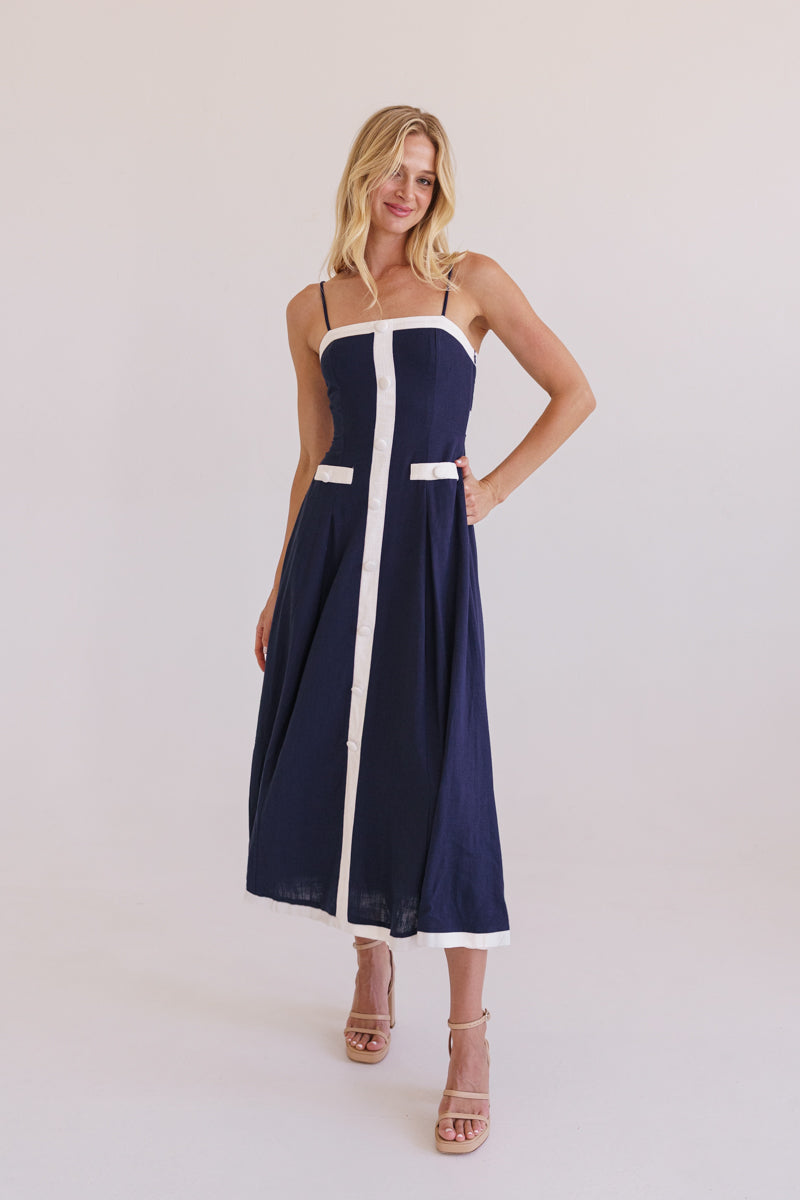 Sleeveless Button Down Contrast Trim Midi Dress Navy
