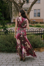Sleeveless Waist Tie Floral Print Maxi Dress Burgundy