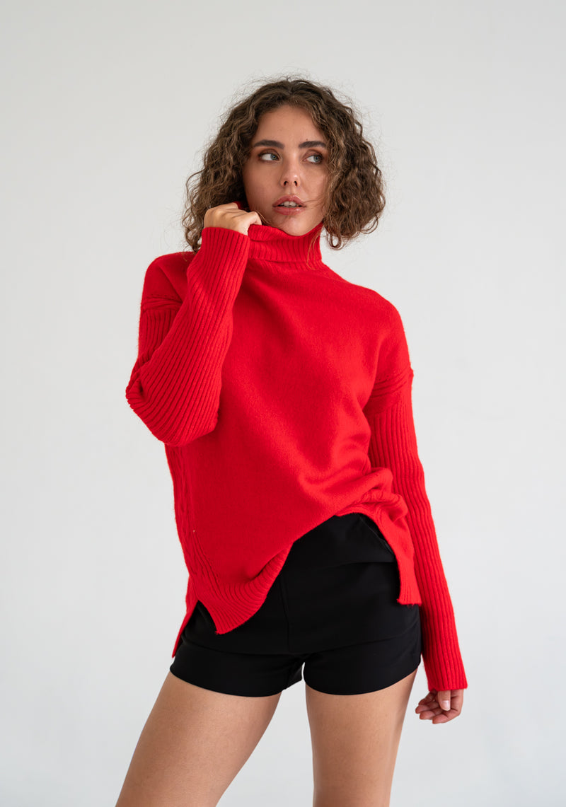 Long Sleeve Turtleneck Knit Sweater Red