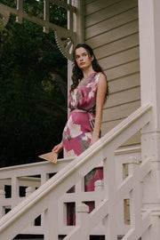 Sleeveless Waist Tie Floral Print Maxi Dress Burgundy