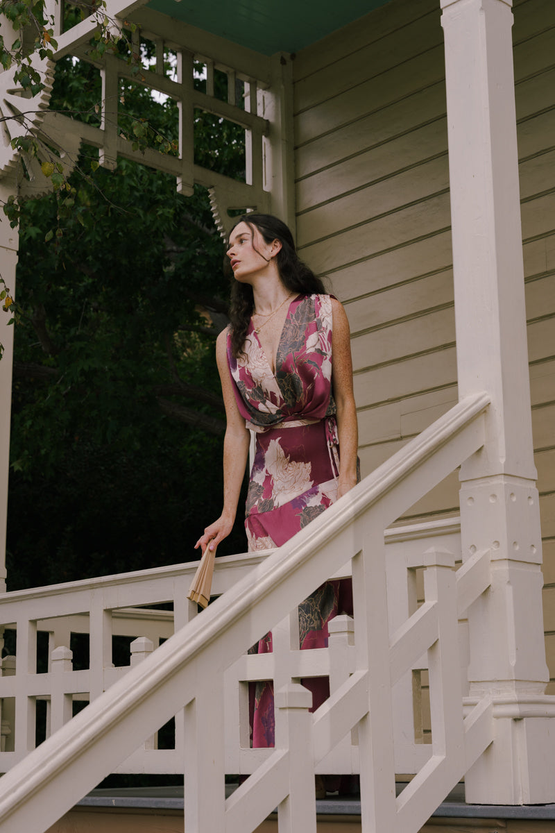 Sleeveless Waist Tie Floral Print Maxi Dress Burgundy