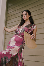 Sleeveless Waist Tie Floral Print Maxi Dress Burgundy