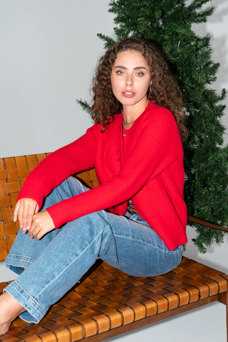 Long Sleeve Button Down Flower Patch Cardigan Red