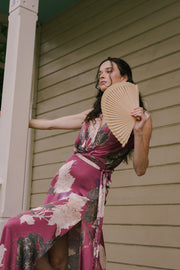 Sleeveless Waist Tie Floral Print Maxi Dress Burgundy