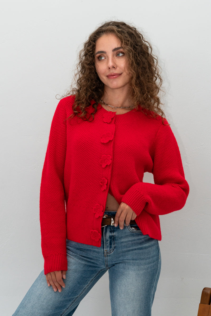 Long Sleeve Button Down Flower Patch Cardigan Red