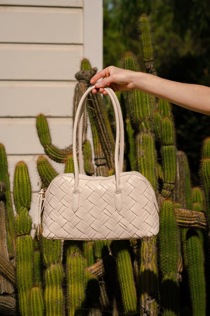 Top Handle Faux Leather Woven Handbag Cream