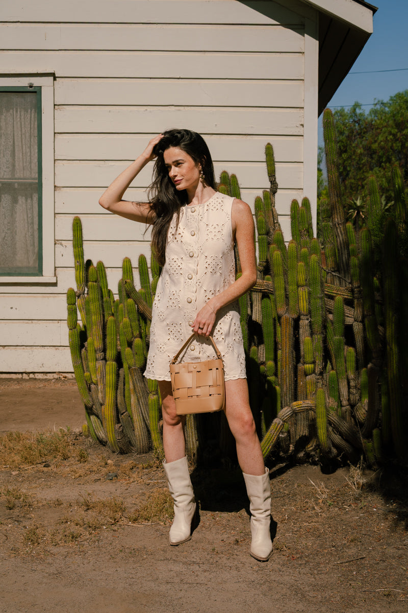 Top Handle Bucket Basket Weave Handbag Camel