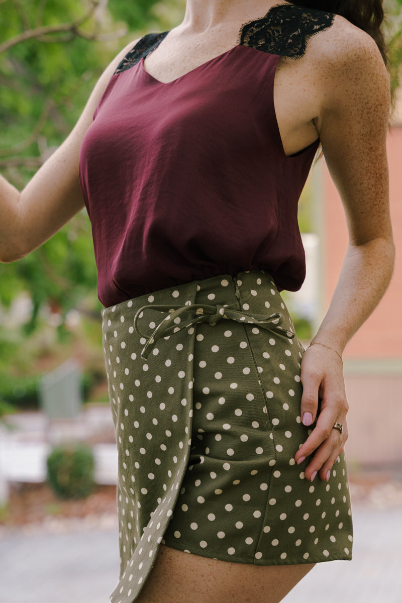 High Waist Polka Dot Print Wrap Denim Mini Skort Olive