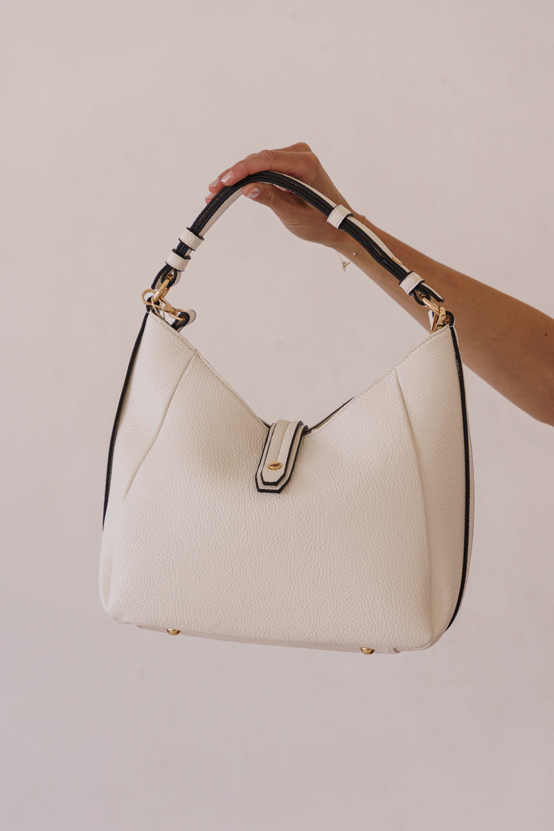 Top Handle Faux Leather Handbag Cream