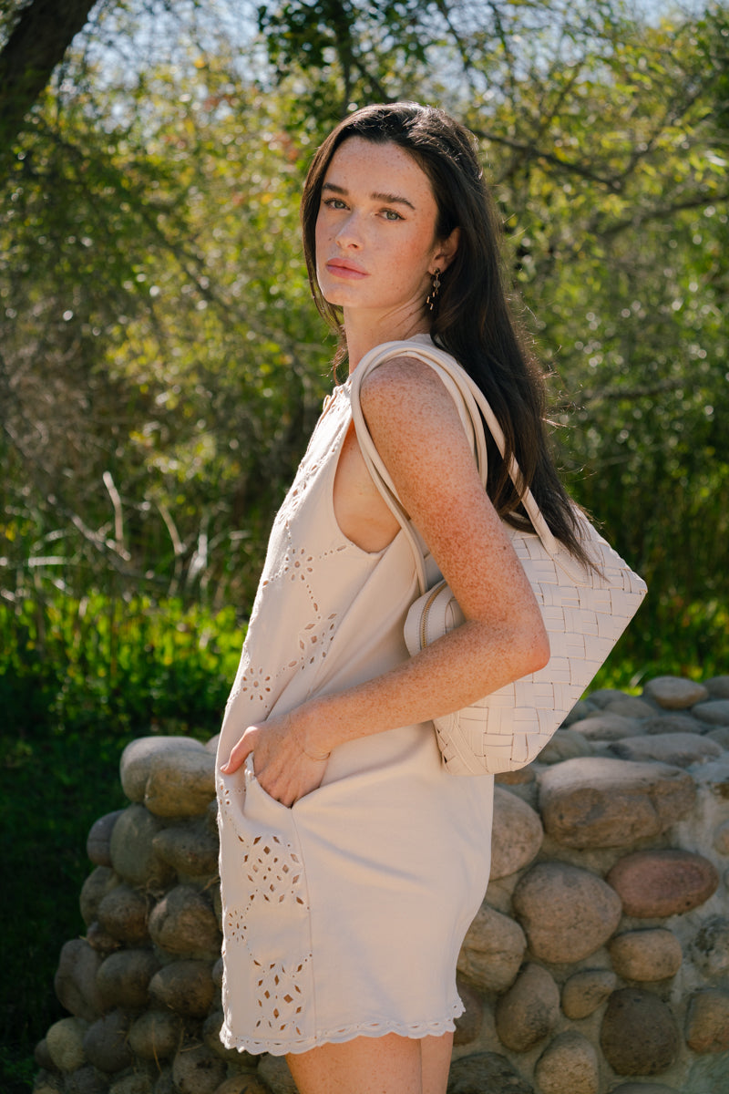 Top Handle Faux Leather Woven Handbag Cream