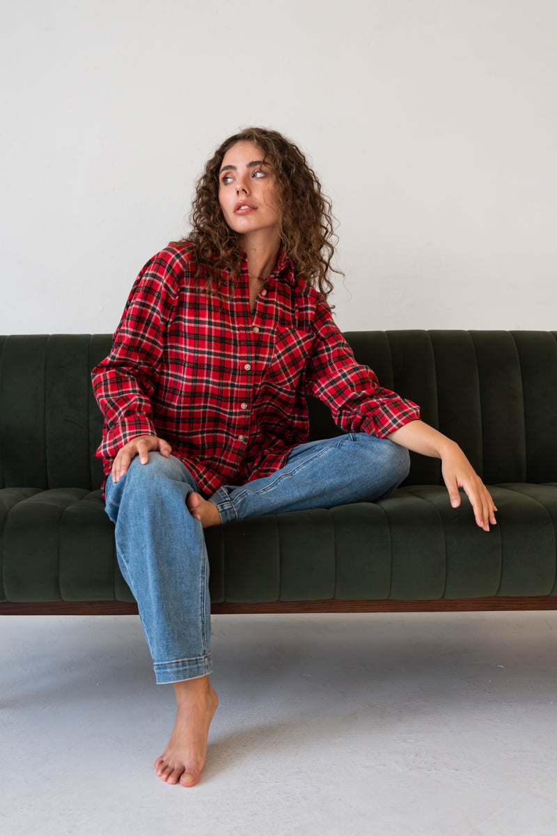 Long Sleeve Oversized Button Down Plaid Print Top Red