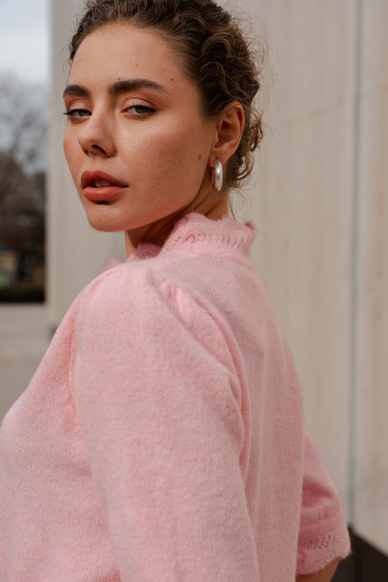 Short Sleeve Mock Turtleneck Knit Sweater Pink