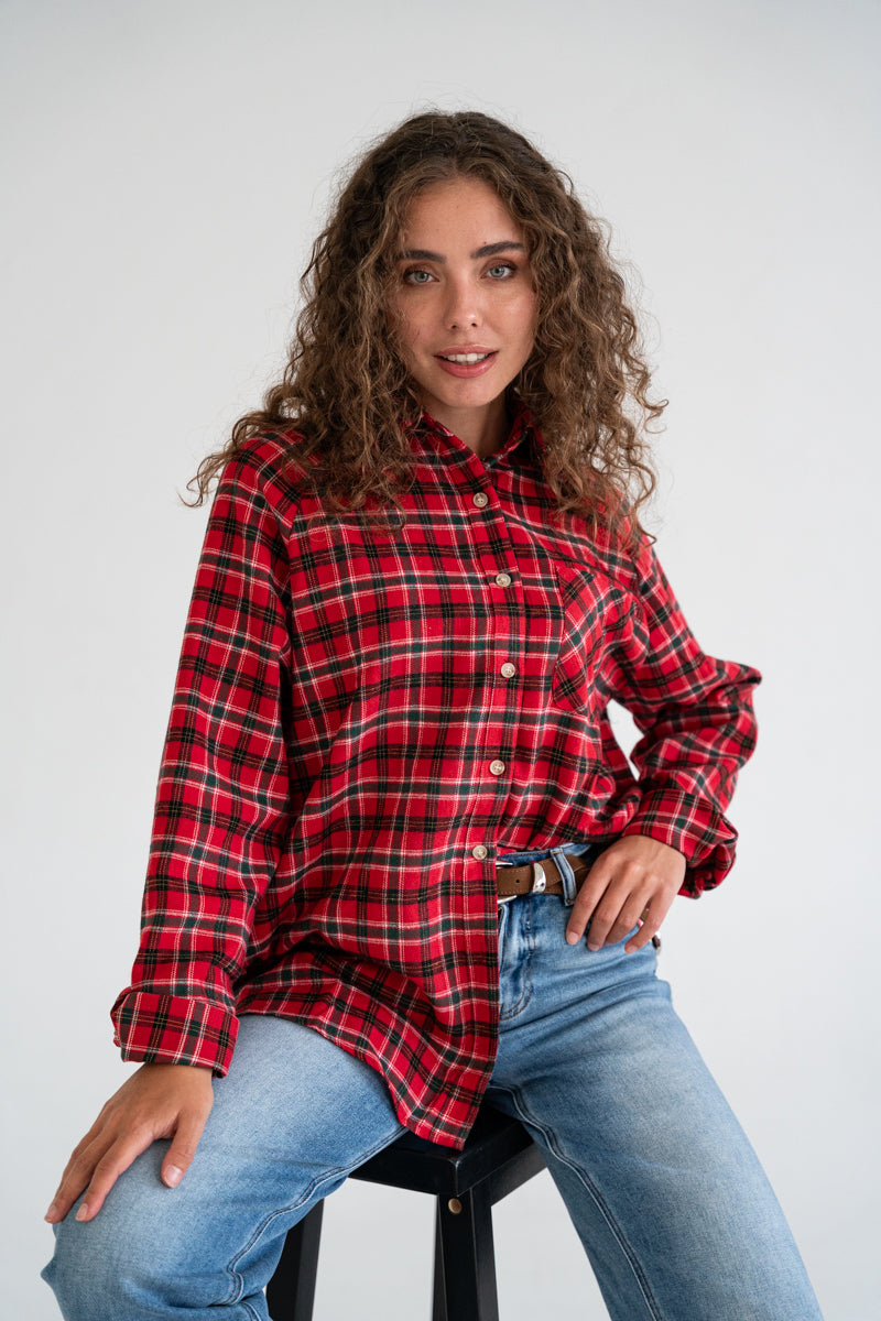 Long Sleeve Oversized Button Down Plaid Print Top Red