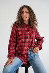 Long Sleeve Oversized Button Down Plaid Print Top Red