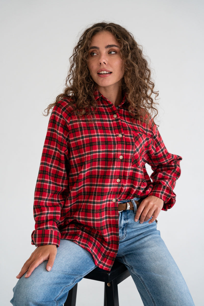 Long Sleeve Oversized Button Down Plaid Print Top Red