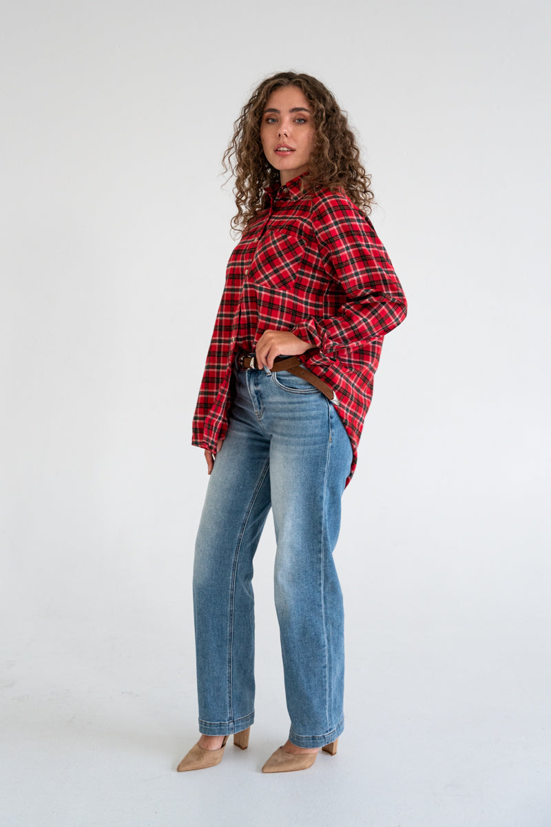 Long Sleeve Oversized Button Down Plaid Print Top Red