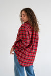 Long Sleeve Oversized Button Down Plaid Print Top Red