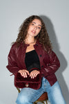 Long Sleeve Waist Tie Vegan Leather Jacket Burgundy