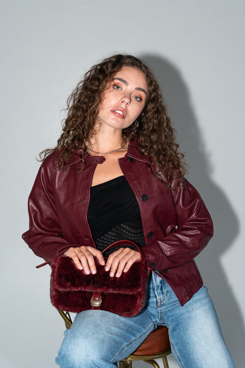 Long Sleeve Waist Tie Vegan Leather Jacket Burgundy