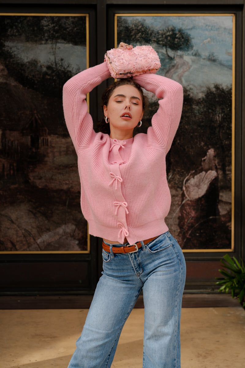 Long Sleeve Bow Snap Button Down Knit Cardigan Pink