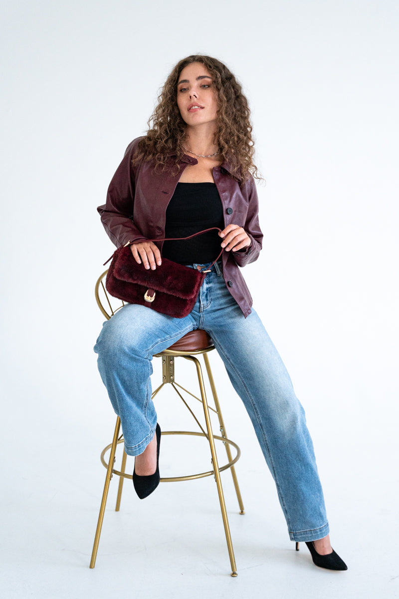 Long Sleeve Waist Tie Vegan Leather Jacket Burgundy