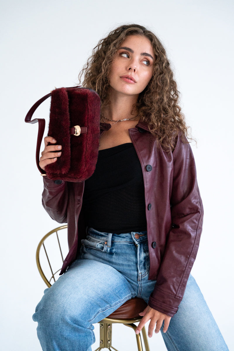 Shoulder Bag Faux Fur Purse Burgundy