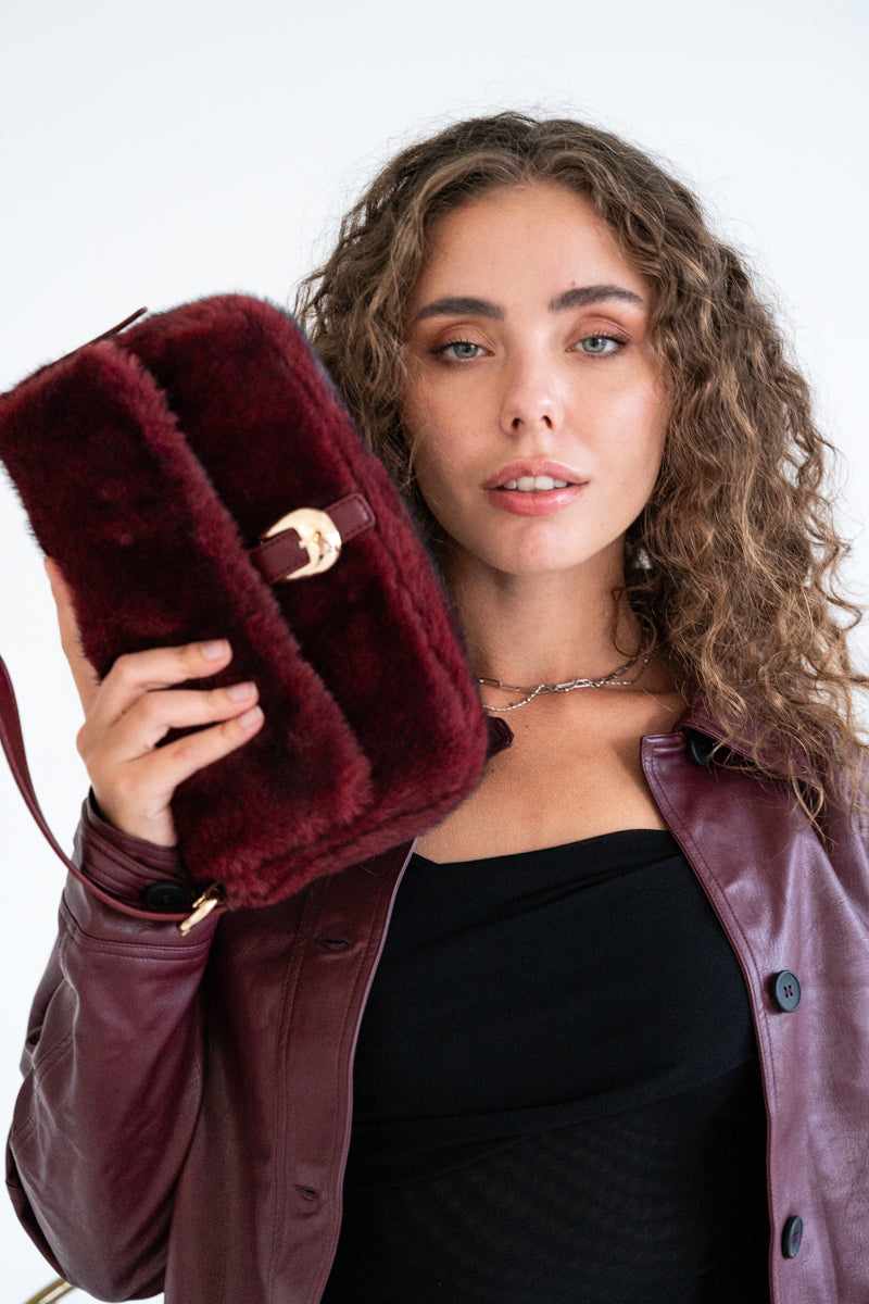 Shoulder Bag Faux Fur Purse Burgundy