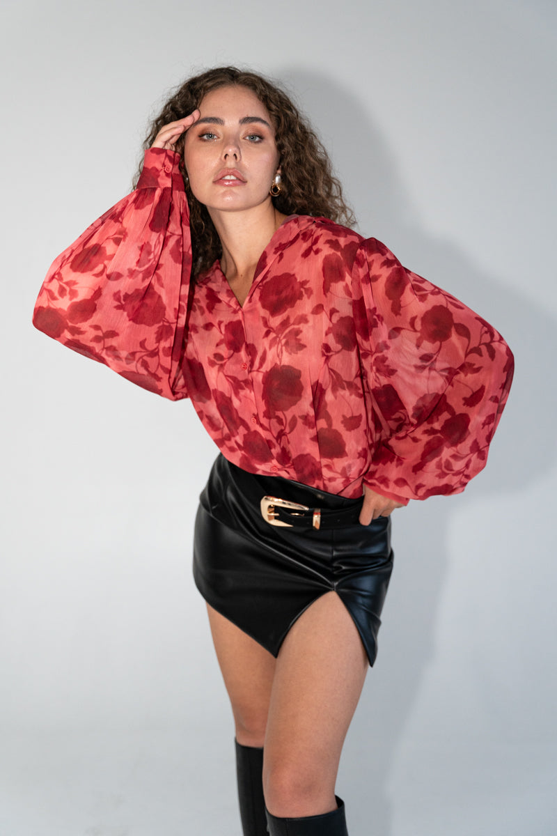Long Sleeve Button Down Floral Print Top Red