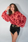 Long Sleeve Button Down Floral Print Top Red