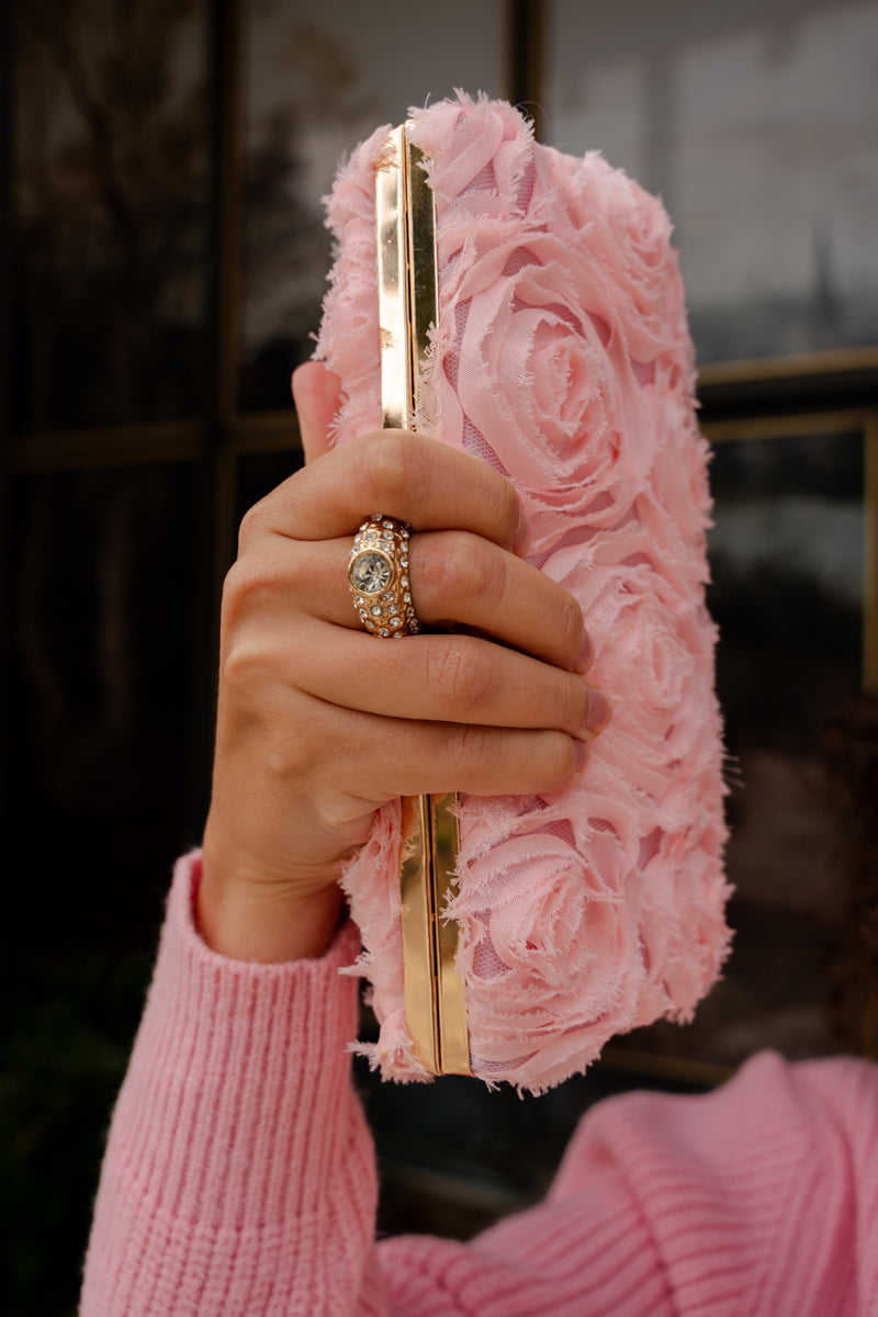 Three Dimensional Chiffon Floral Clutch Pink