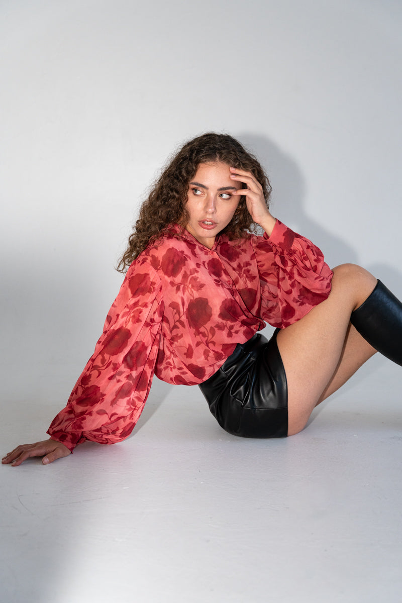 Long Sleeve Button Down Floral Print Top Red