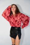 Long Sleeve Button Down Floral Print Top Red