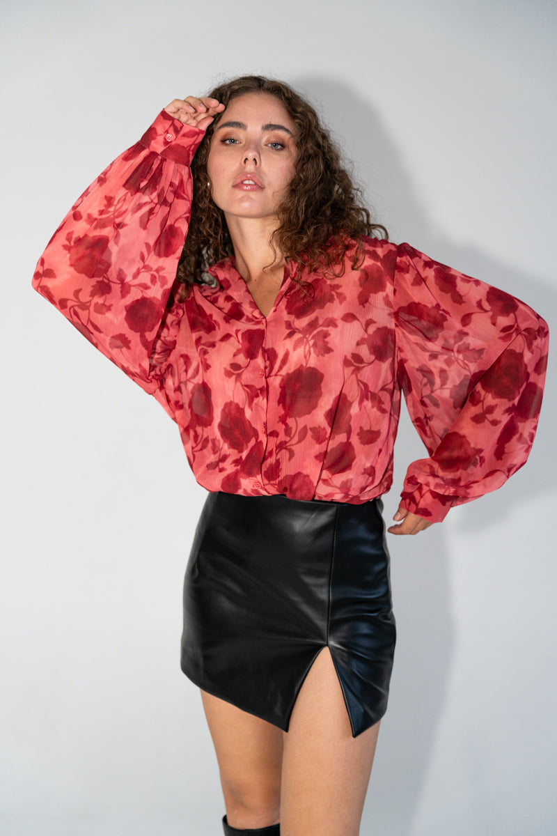 Long Sleeve Button Down Floral Print Top Red