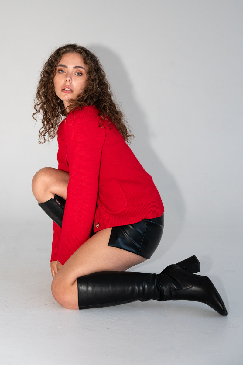 Long Sleeve Button Down Knit Top Red