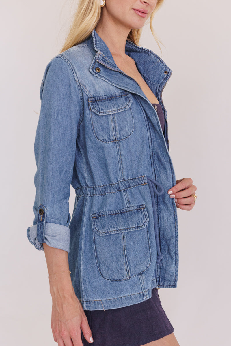 Long Sleeve Oversized Cargo Denim Jacket Medium Wash