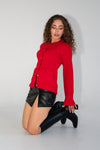 Long Sleeve Button Down Knit Top Red